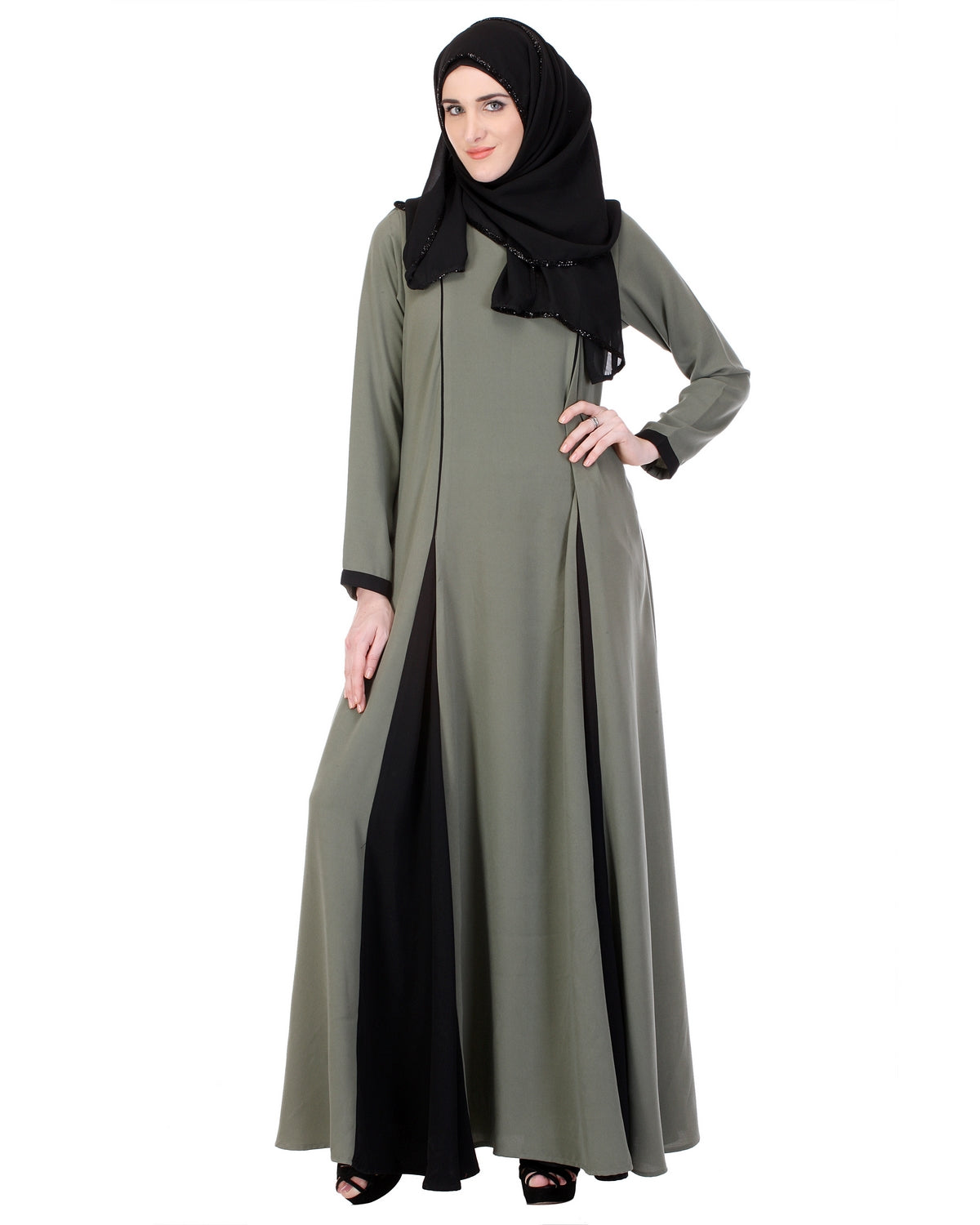 Inverted Pleat Frock Abaya Green & Black