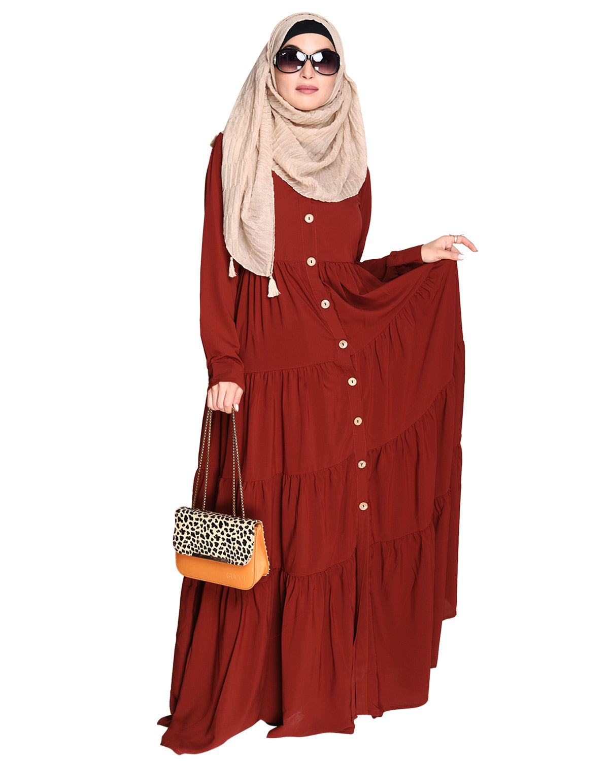 Contemporary Multi Layered Gather Dress Brick Red