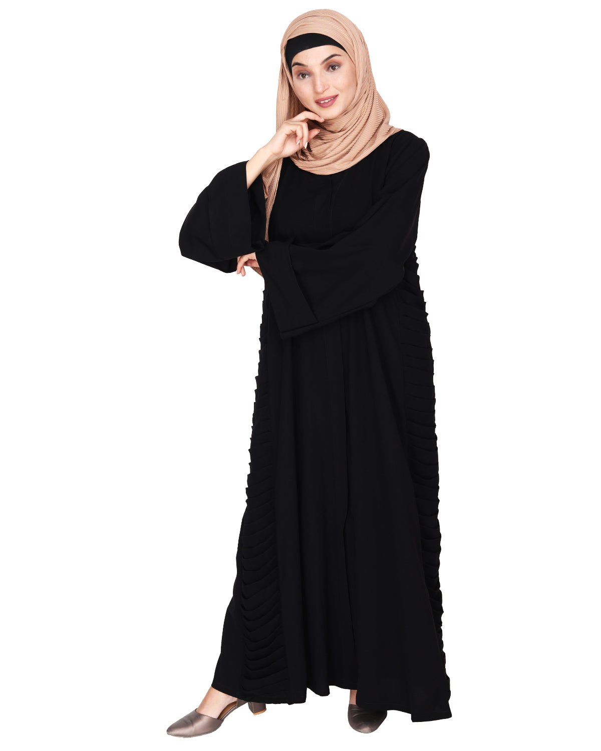 Tinselled Abaya with Frilled Side Panels Black S