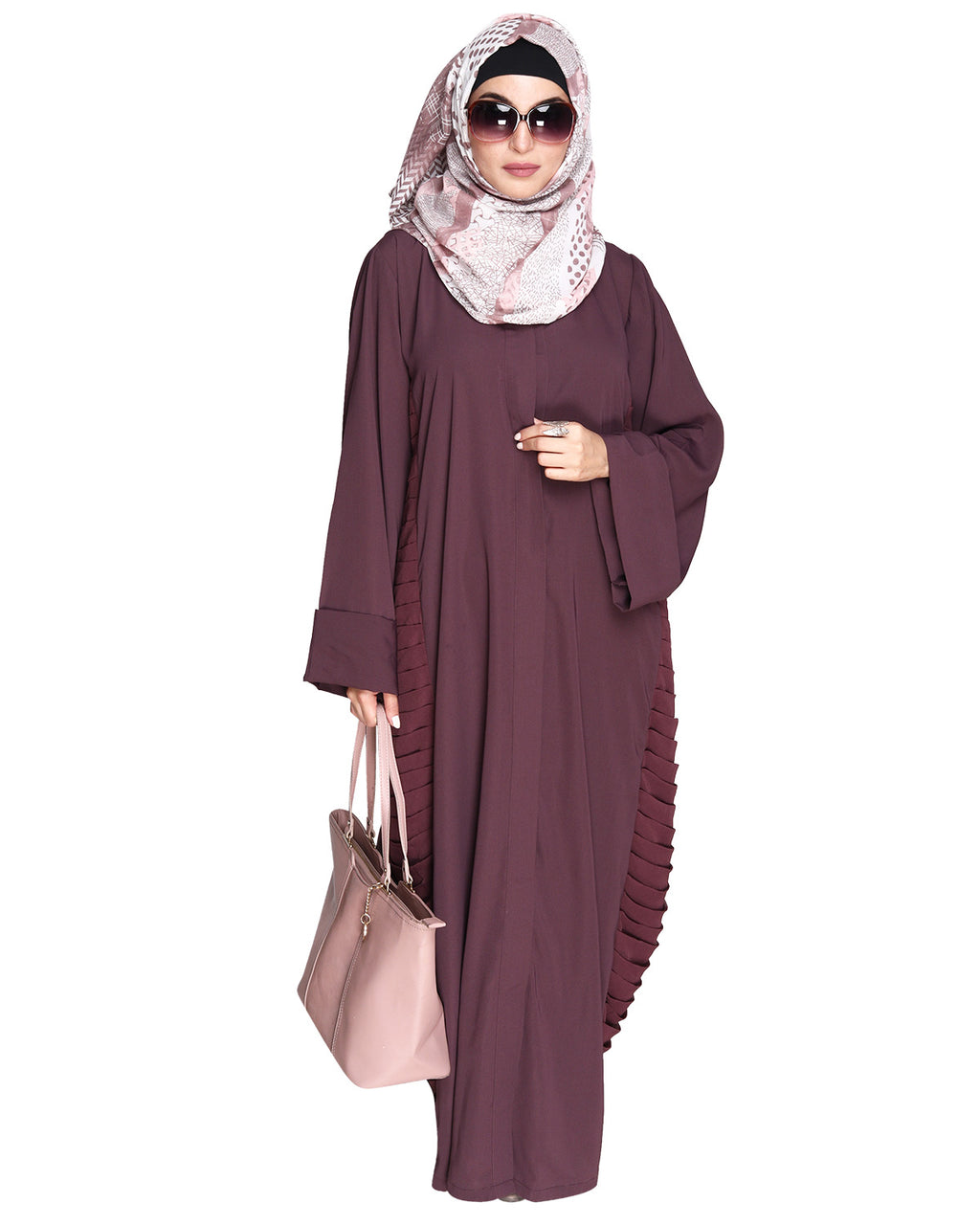 Tinselled Abaya with Frilled Side Panels Maroon S