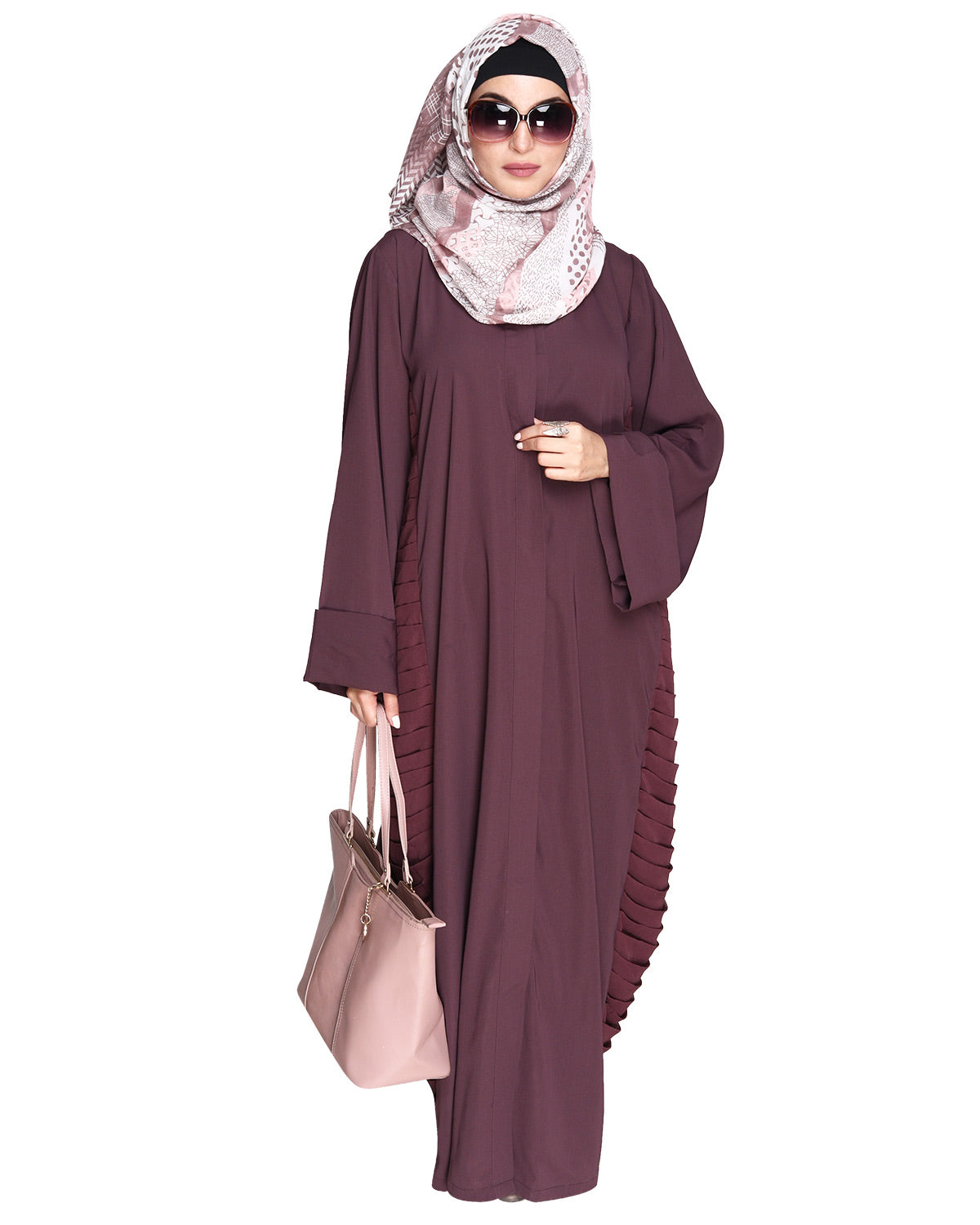 Tinselled Abaya with Frilled Side Panels Maroon S