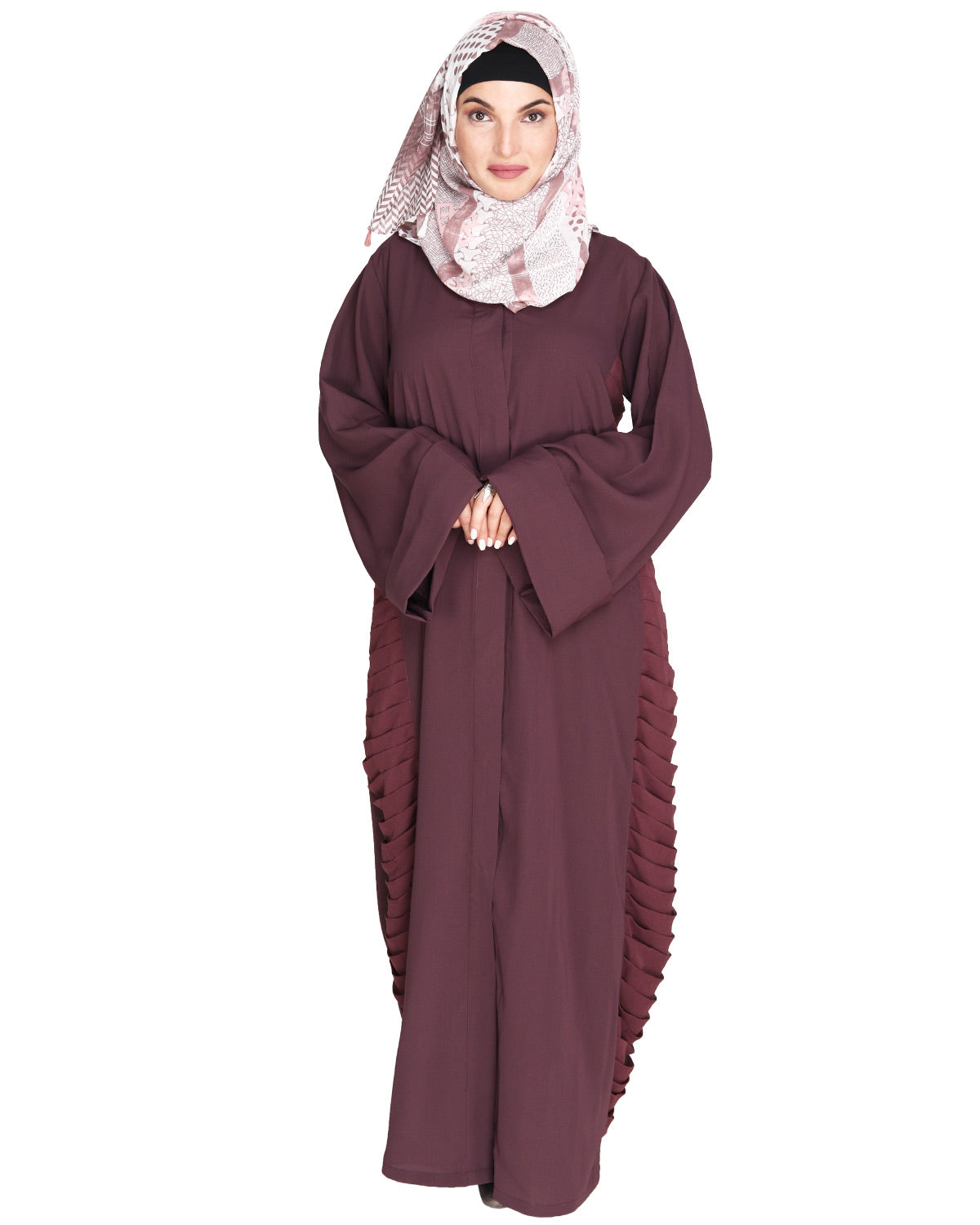 Tinselled Abaya with Frilled Side Panels Maroon S