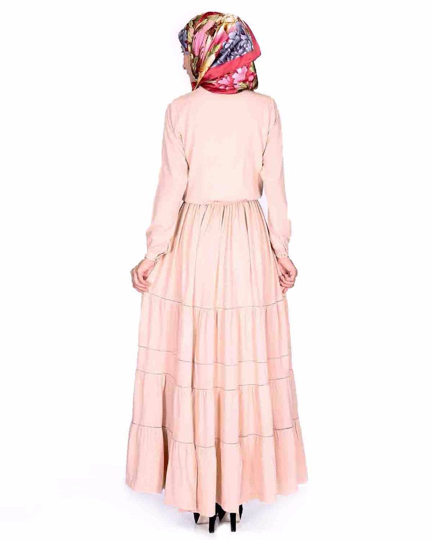 Beige Pintucks Yoke Long Maxi Dress Beige