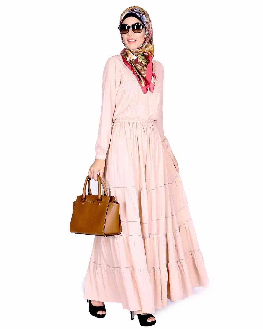 Beige Pintucks Yoke Long Maxi Dress Beige