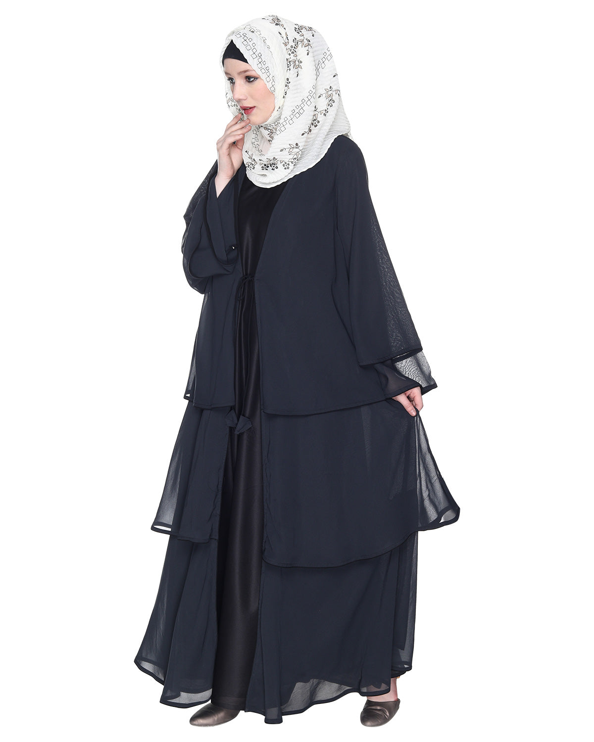 Multi Layer Shrug Style Georgette Abaya Dark Grey