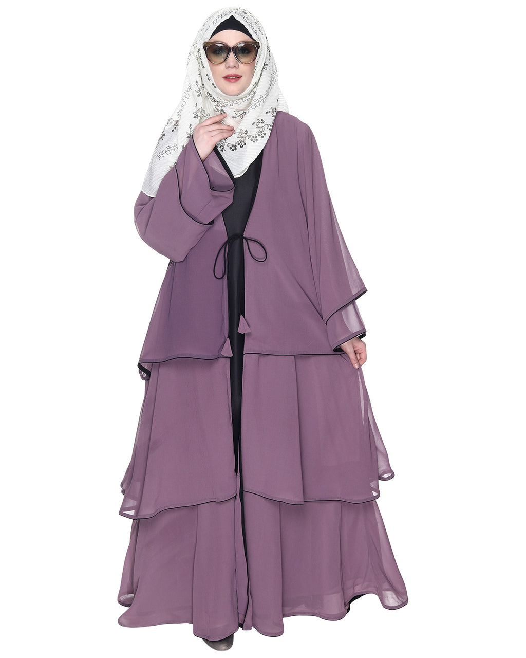 Multi Layer Shrug Style Georgette Abaya Light Purple