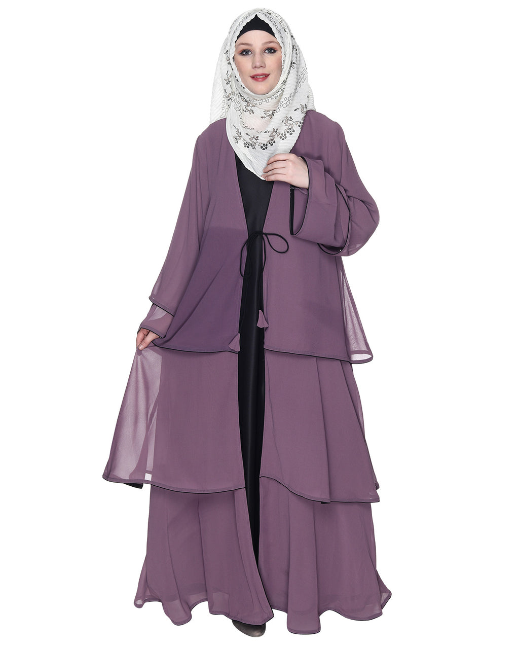 Multi Layer Shrug Style Georgette Abaya Light Purple
