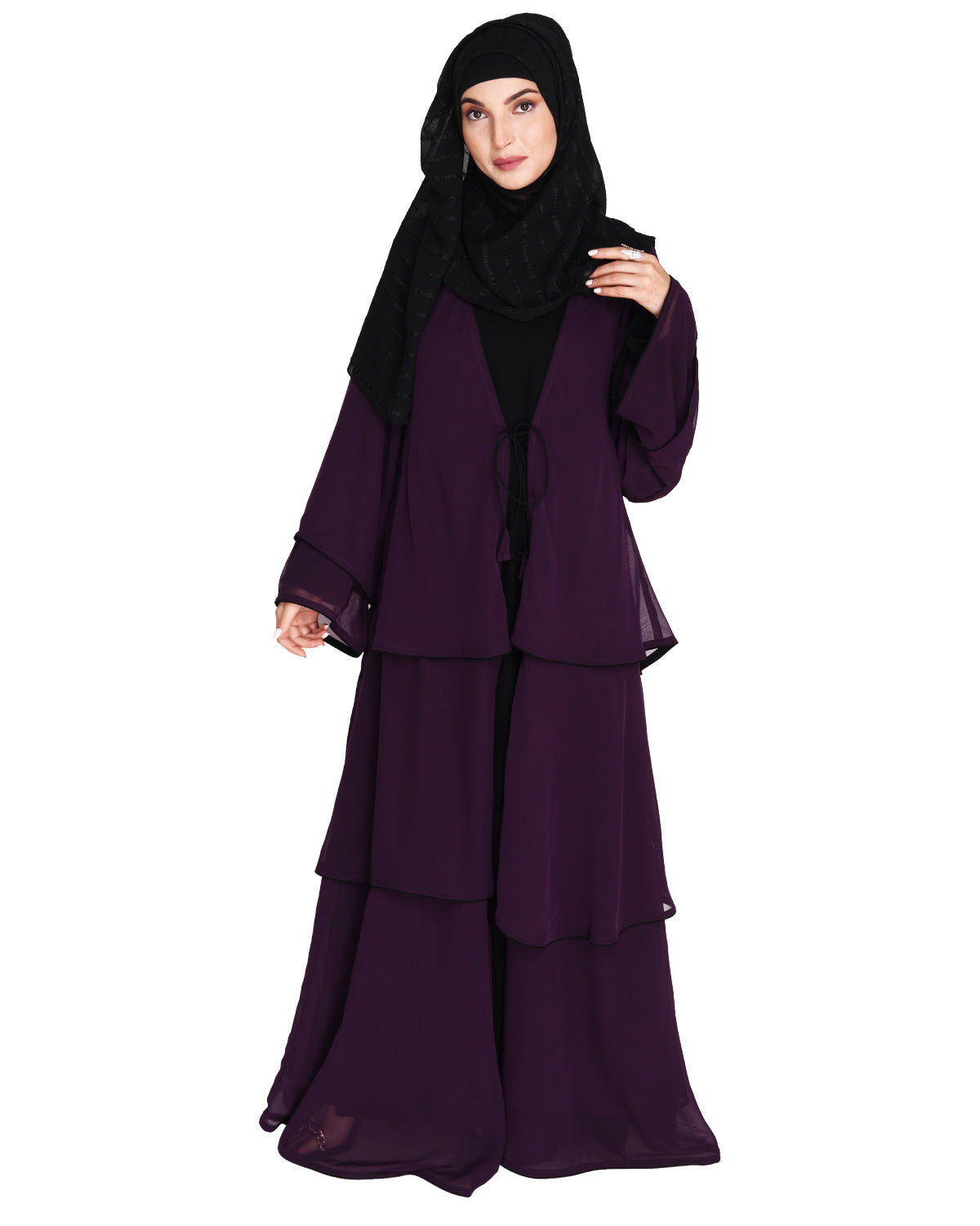 Multi Layer Shrug Style Georgette Abaya Purple