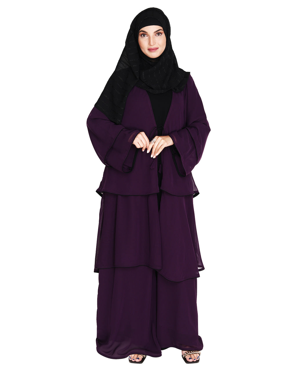 Multi Layer Shrug Style Georgette Abaya Purple