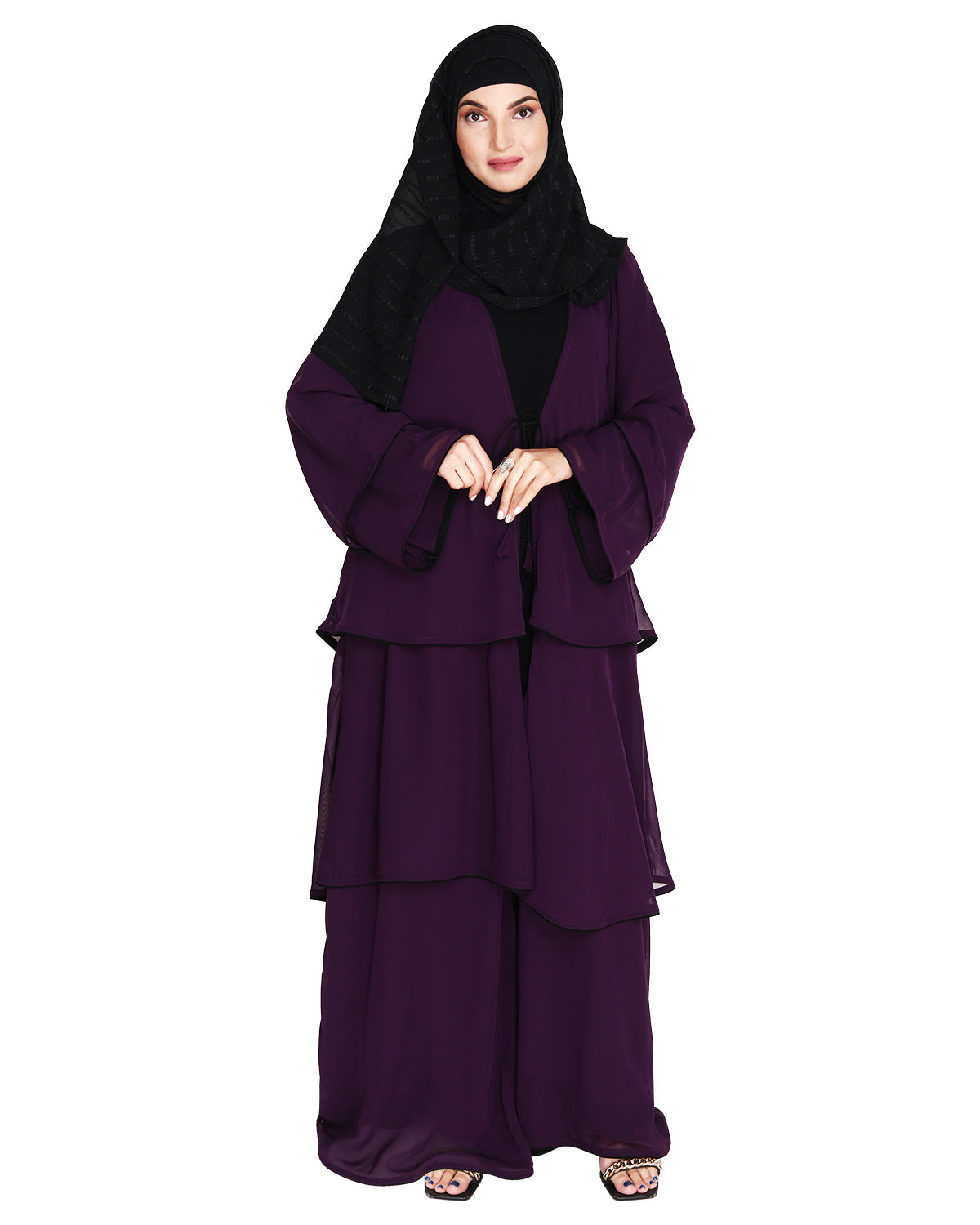Multi Layer Shrug Style Georgette Abaya Purple
