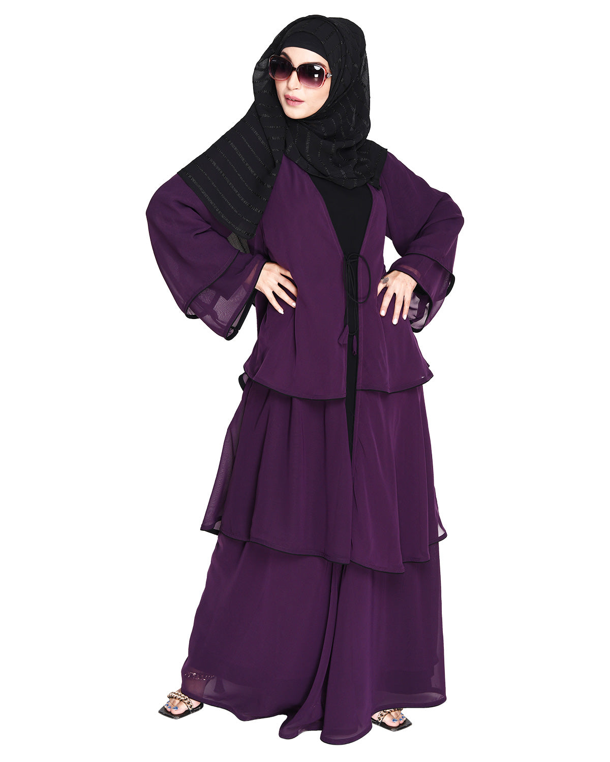 Multi Layer Shrug Style Georgette Abaya Purple