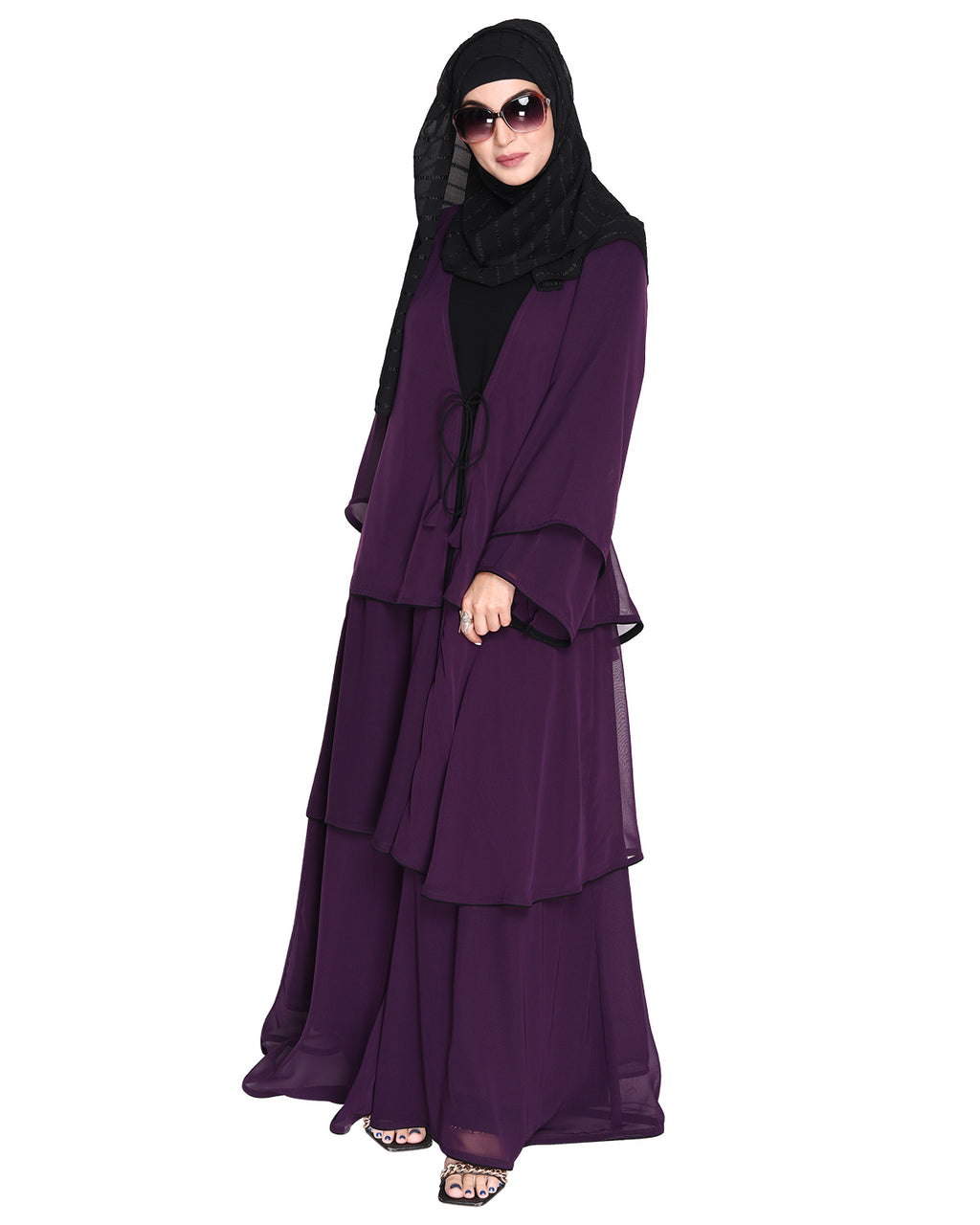 Multi Layer Shrug Style Georgette Abaya Purple