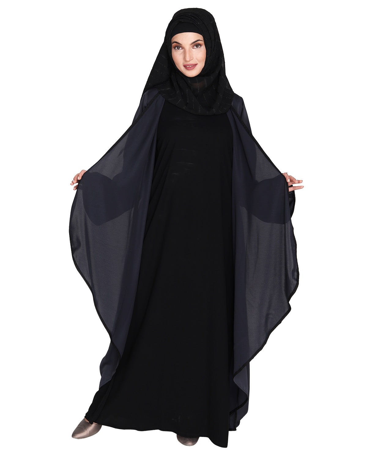 Stylish Shrug and Plain Beige Abaya Set Dark Grey