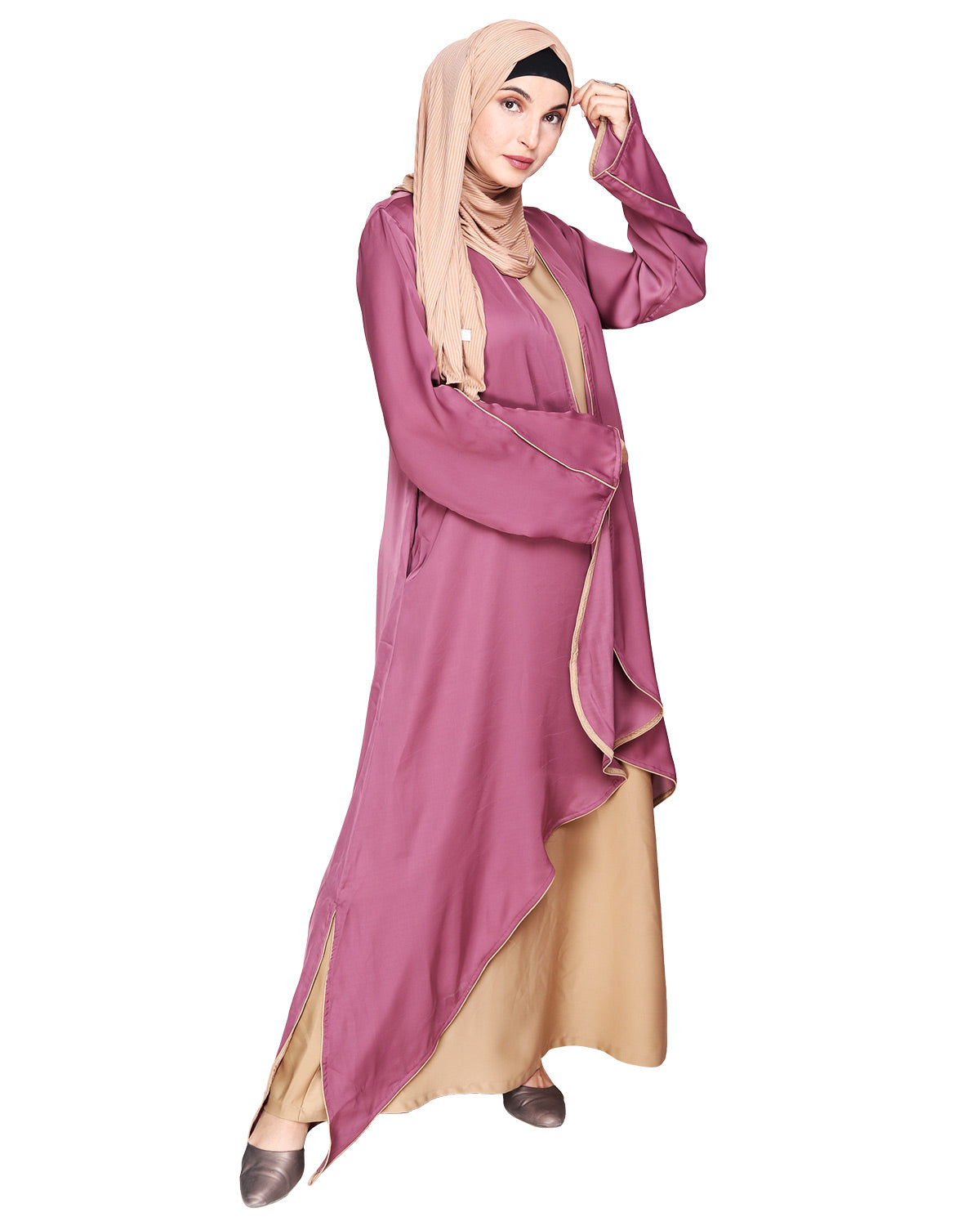 Stylish Shrug and Plain Beige Abaya Set Dark Grey