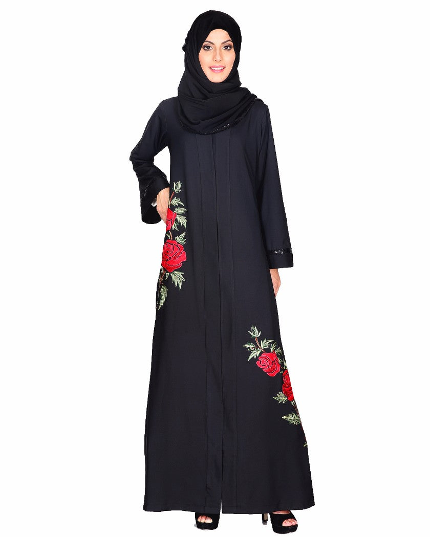 Elegant Silk-thread Rose Embroidered Abaya Black