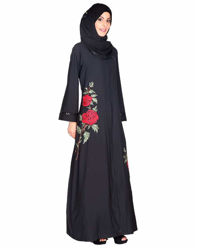 Elegant Silk-thread Rose Embroidered Abaya Black