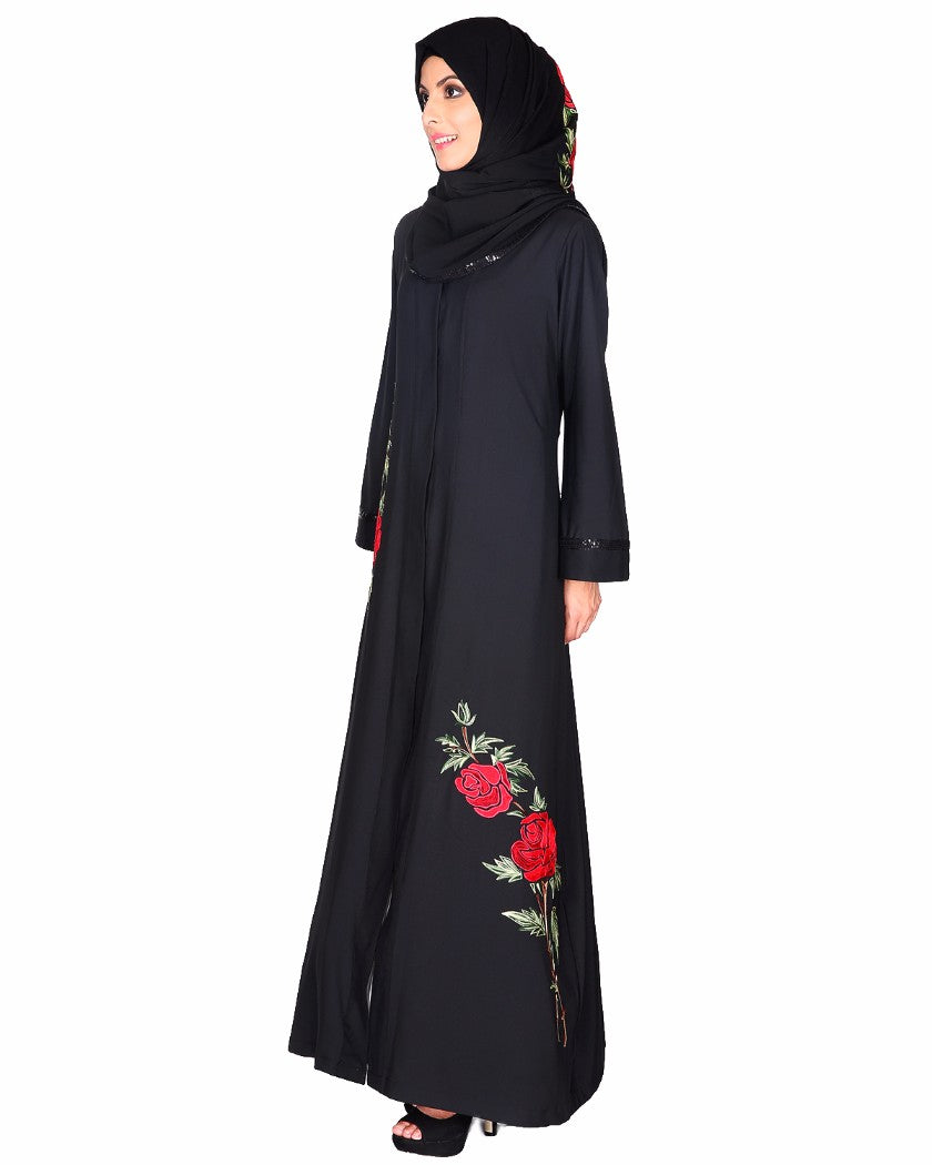 Elegant Silk-thread Rose Embroidered Abaya Black