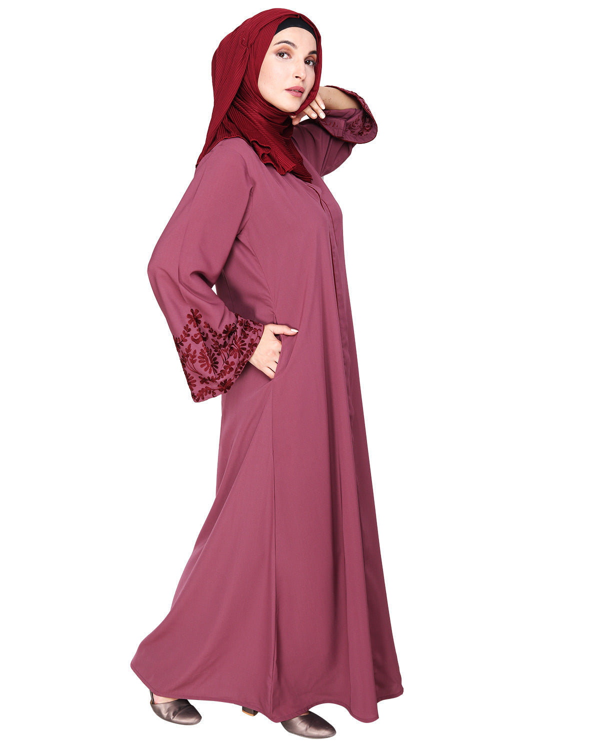 Abaya With Thread Embroidery Onion Pink