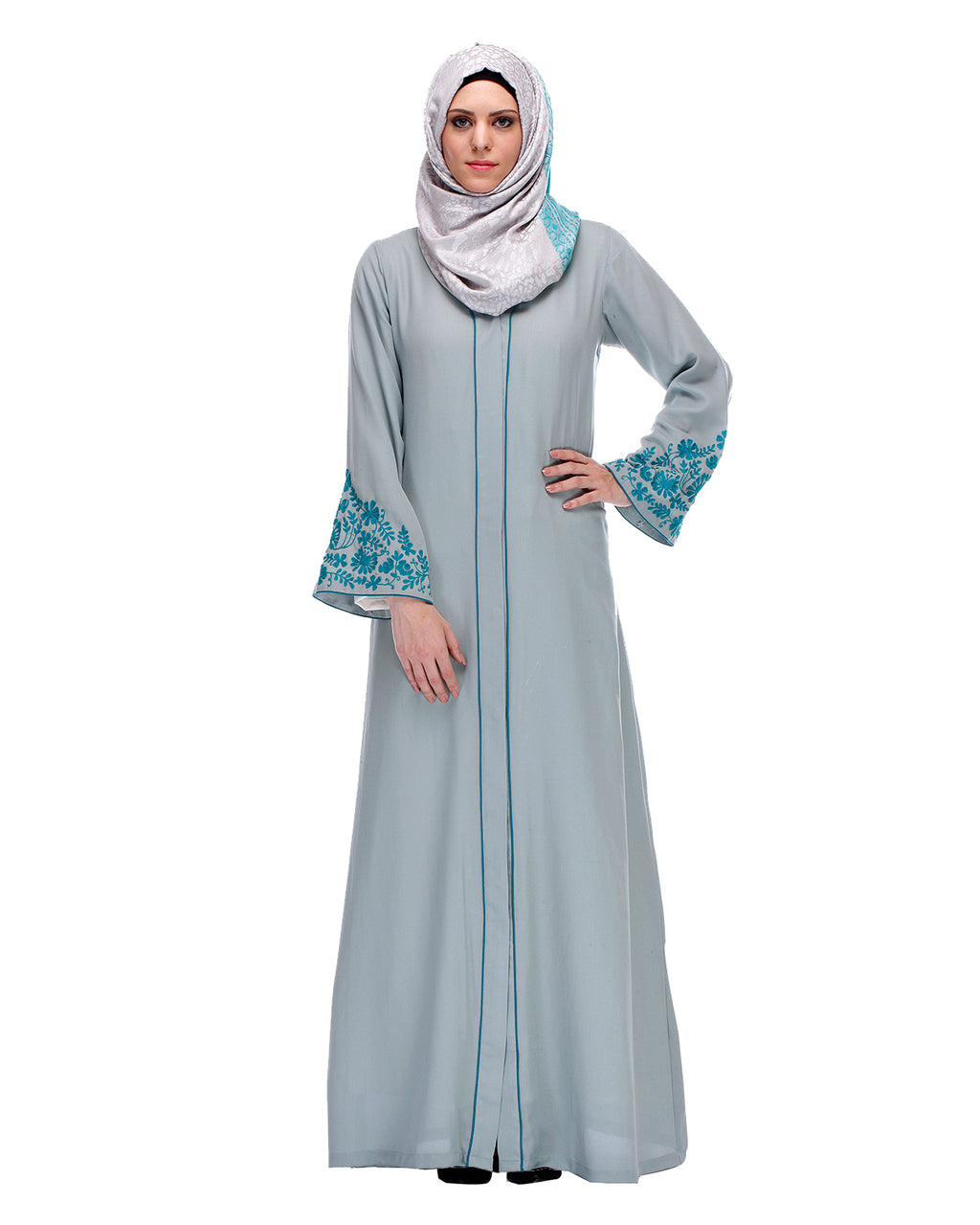 Abaya With Thread Embroidery Sage Green