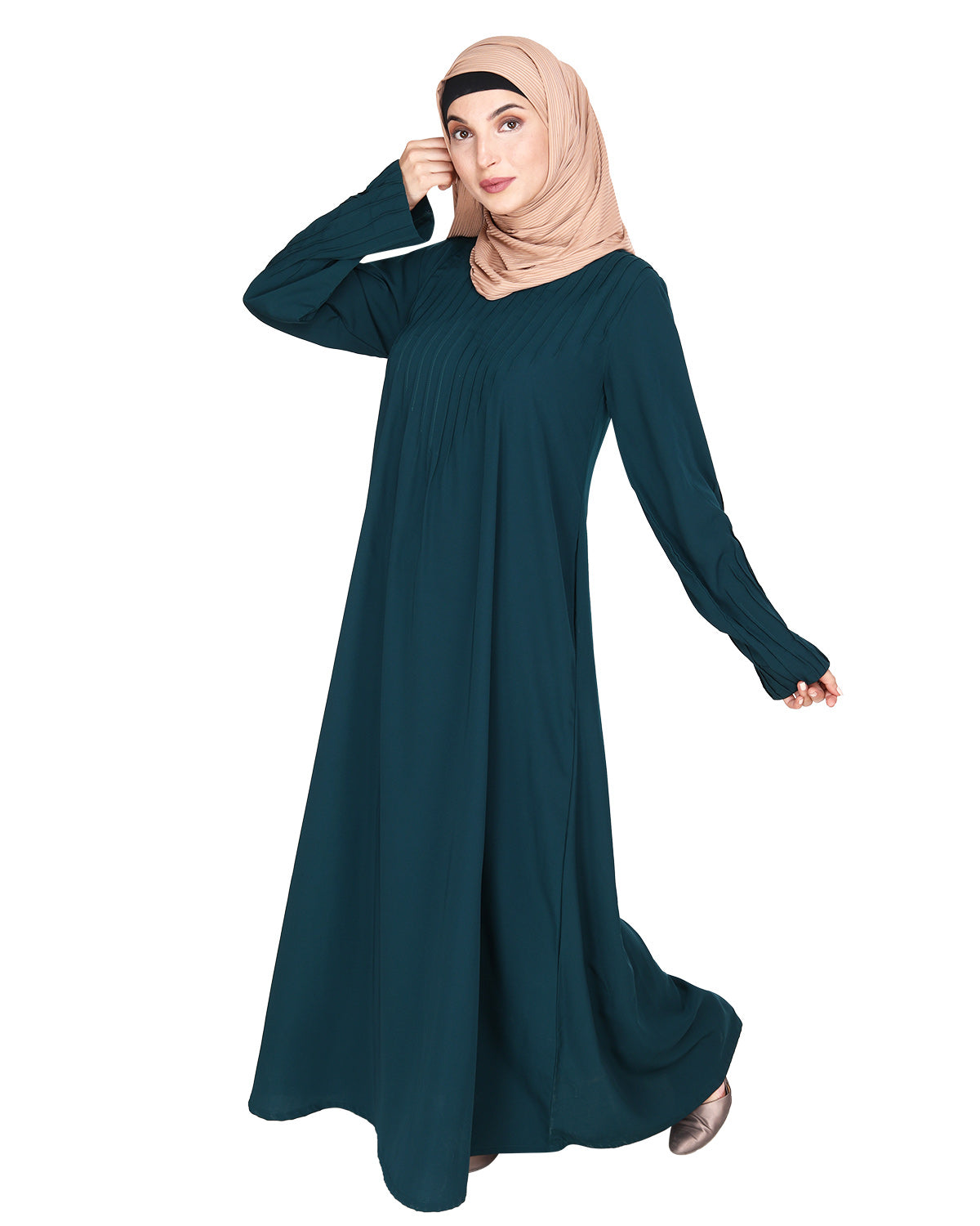 Sleek And Simple Abaya With Pintuck Detailing Bottle Green
