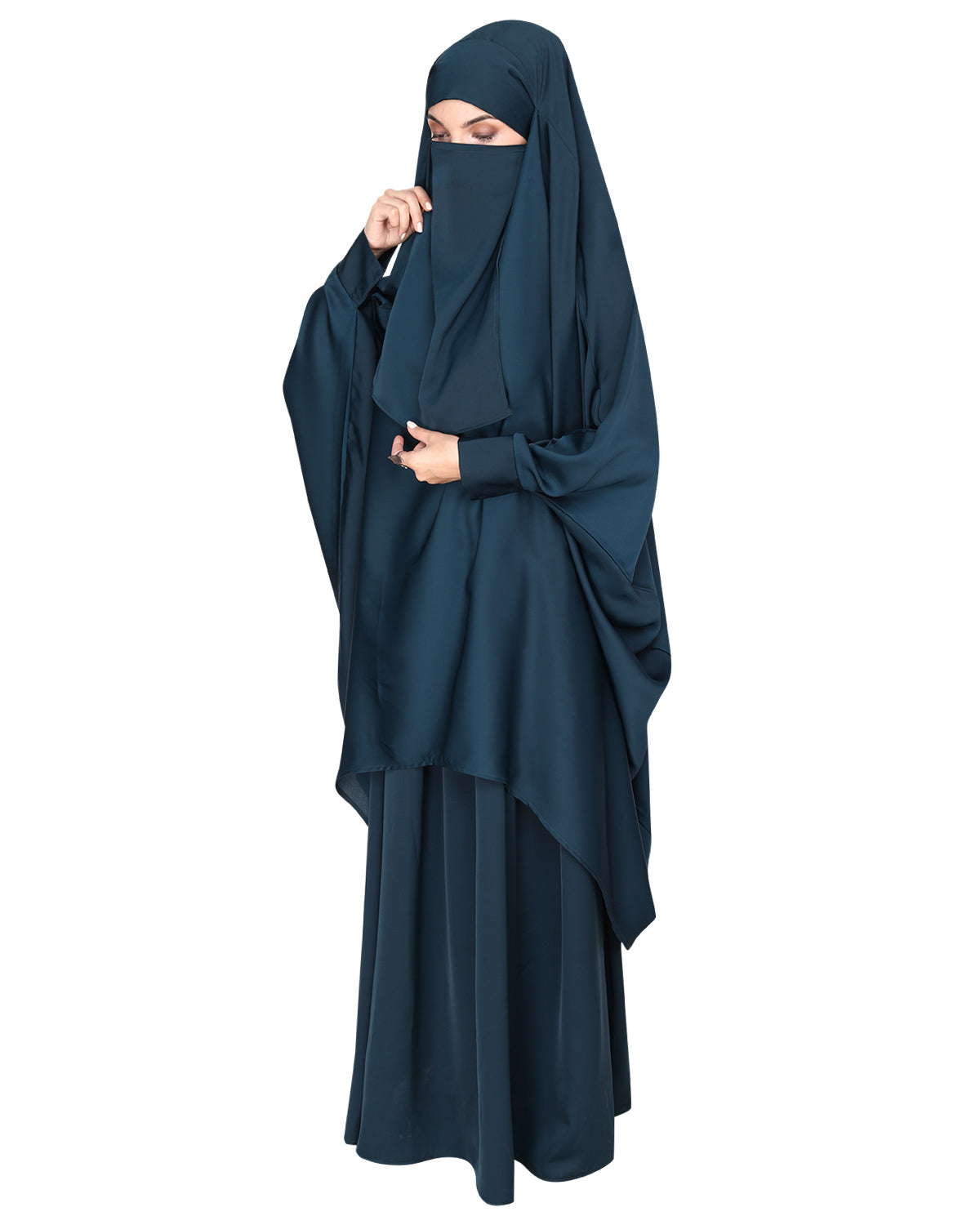 Luxurious Designer Khimar and Skirt Jilbab Set Bottle Green