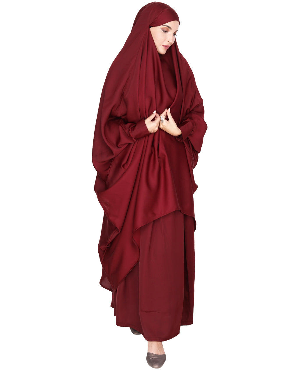 Luxurious Designer Khimar and Skirt Jilbab Set Maroon