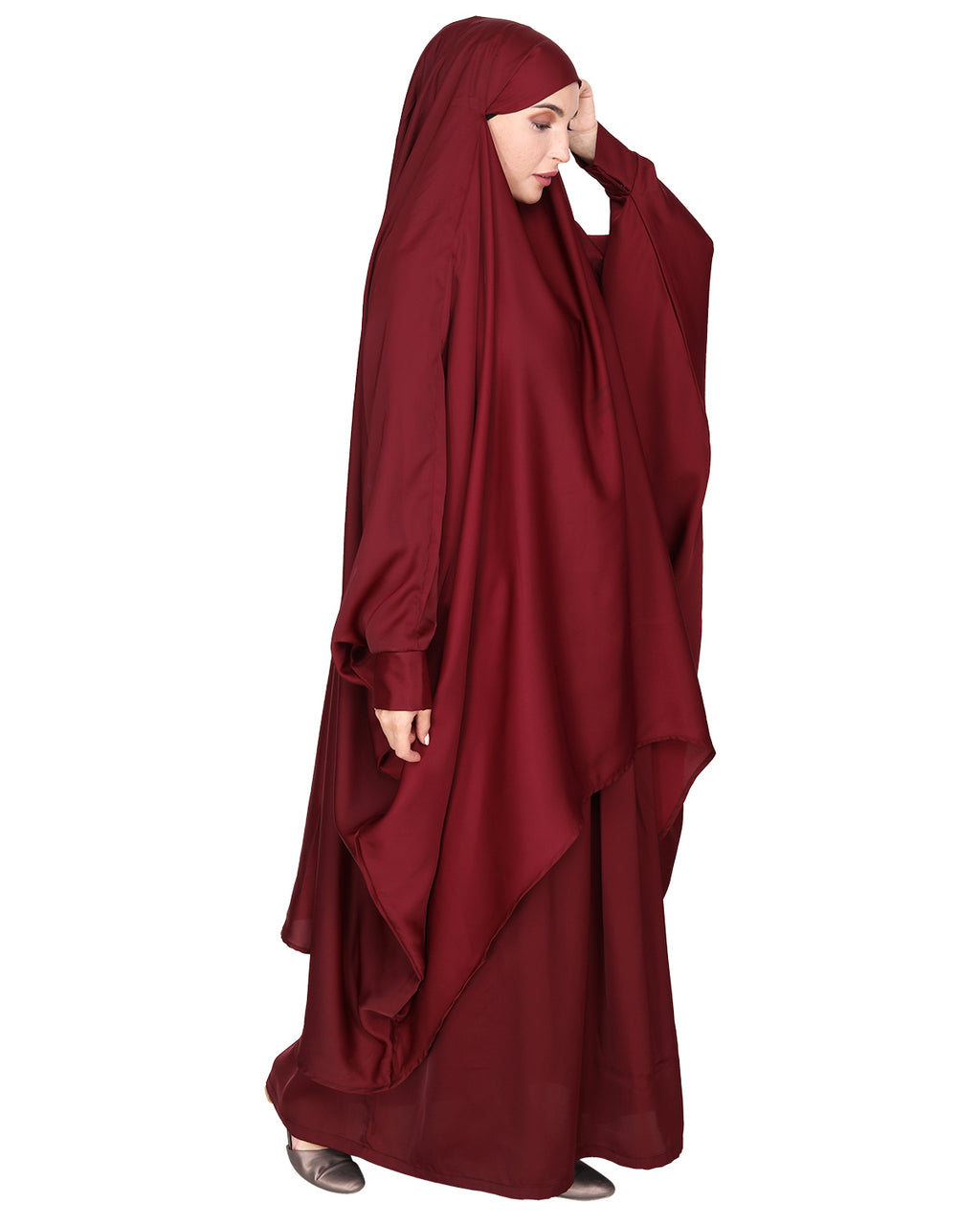 Luxurious Designer Khimar and Skirt Jilbab Set Maroon