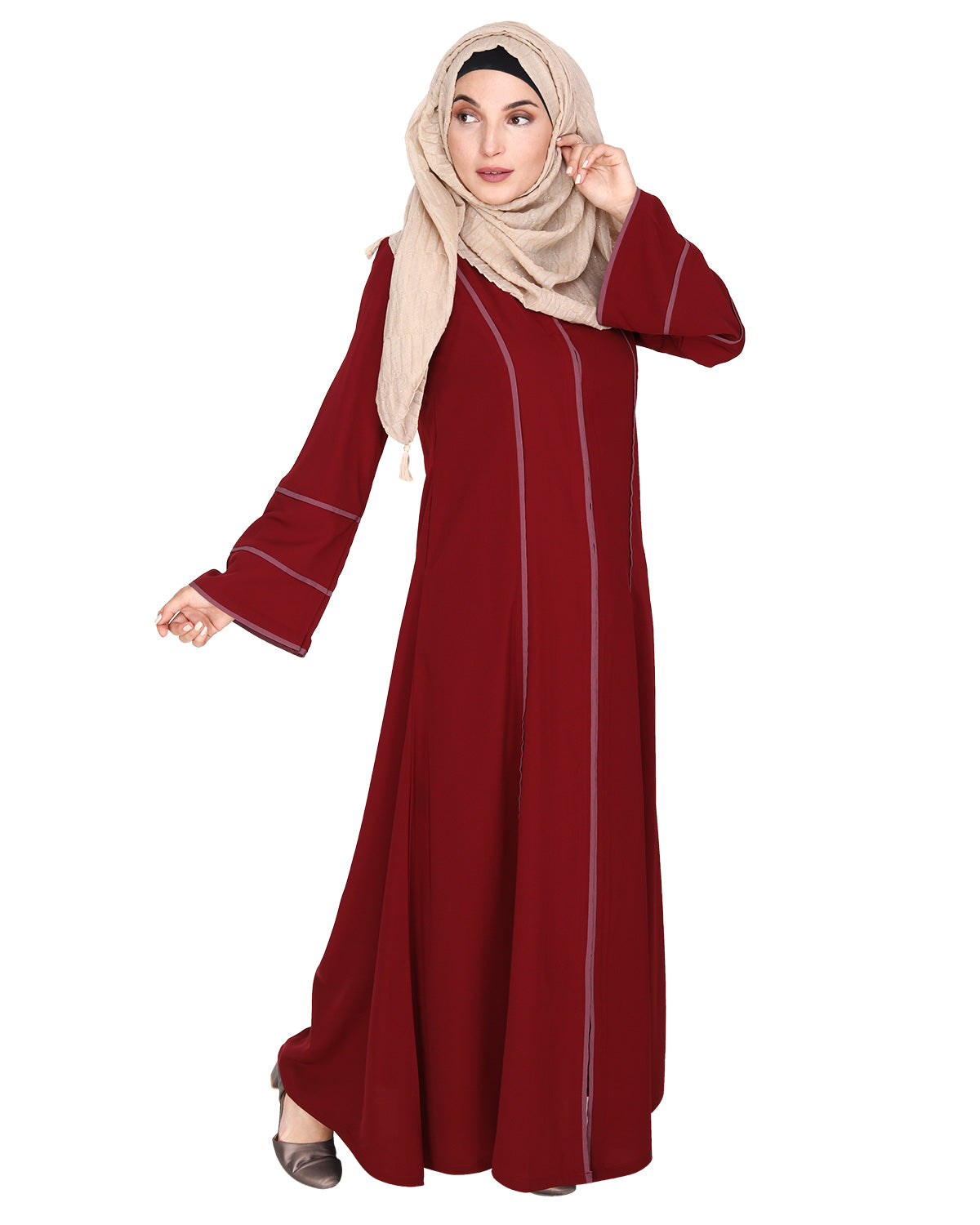 Snazzy Abaya with Sage Green Piping Design Maroon