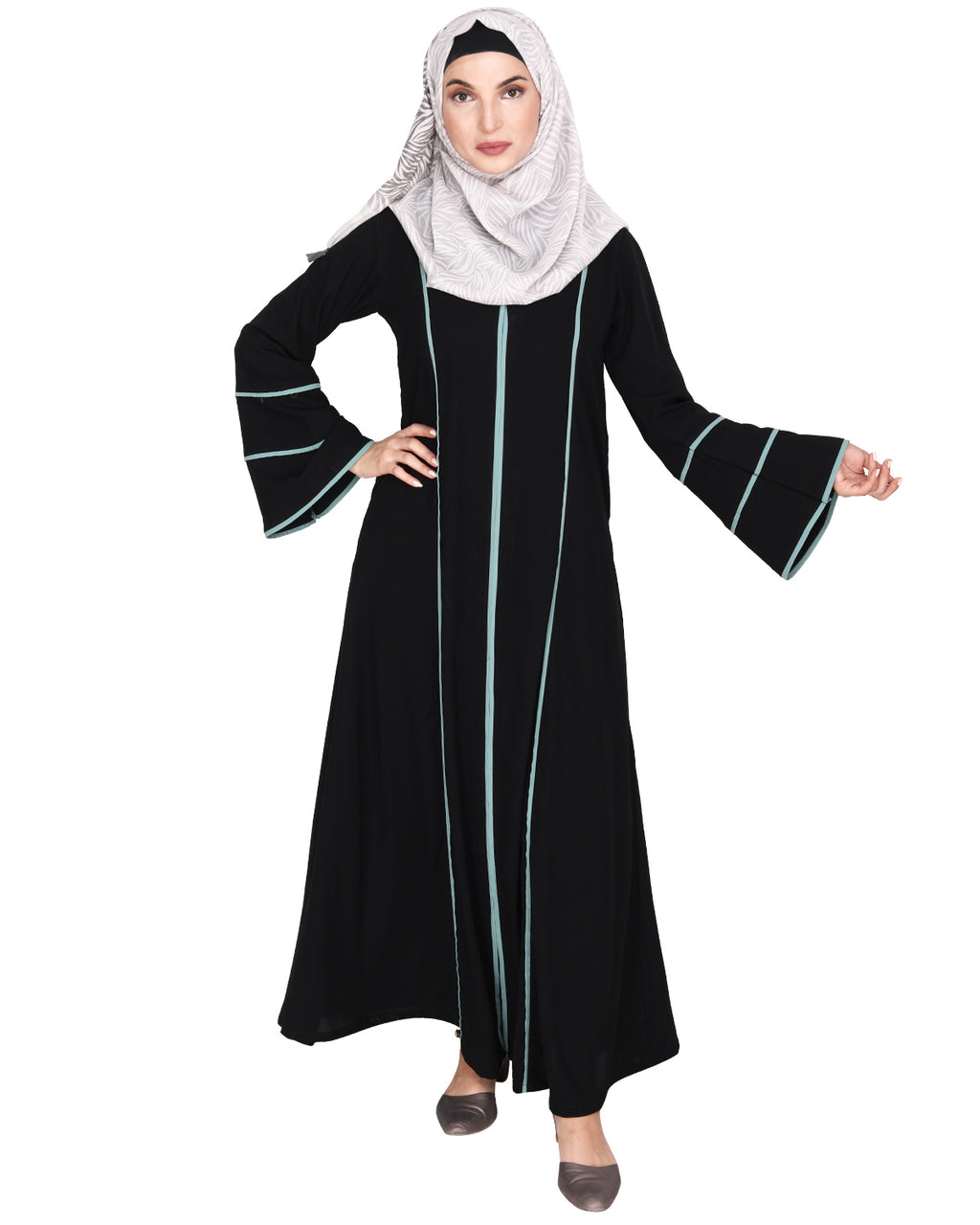 Snazzy Abaya with Sage Green Piping Design Dead Mint