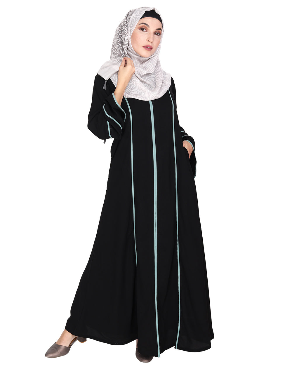 Snazzy Abaya with Sage Green Piping Design Dead Mint