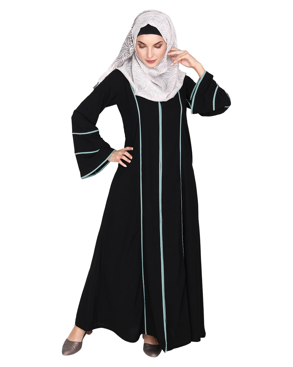 Snazzy Abaya with Sage Green Piping Design Dead Mint