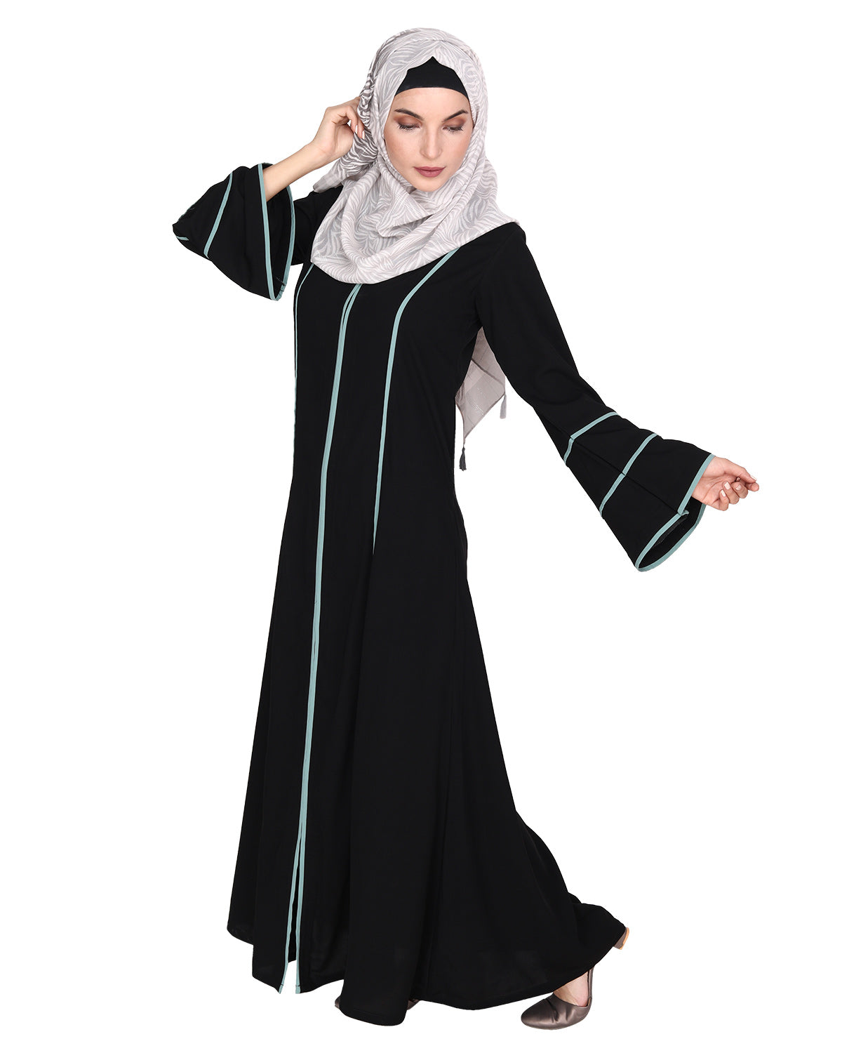 Snazzy Abaya with Sage Green Piping Design Black