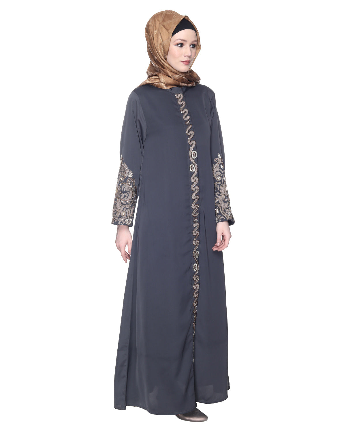 Opulent Hand Embroidered Luxury Abaya Dark Grey