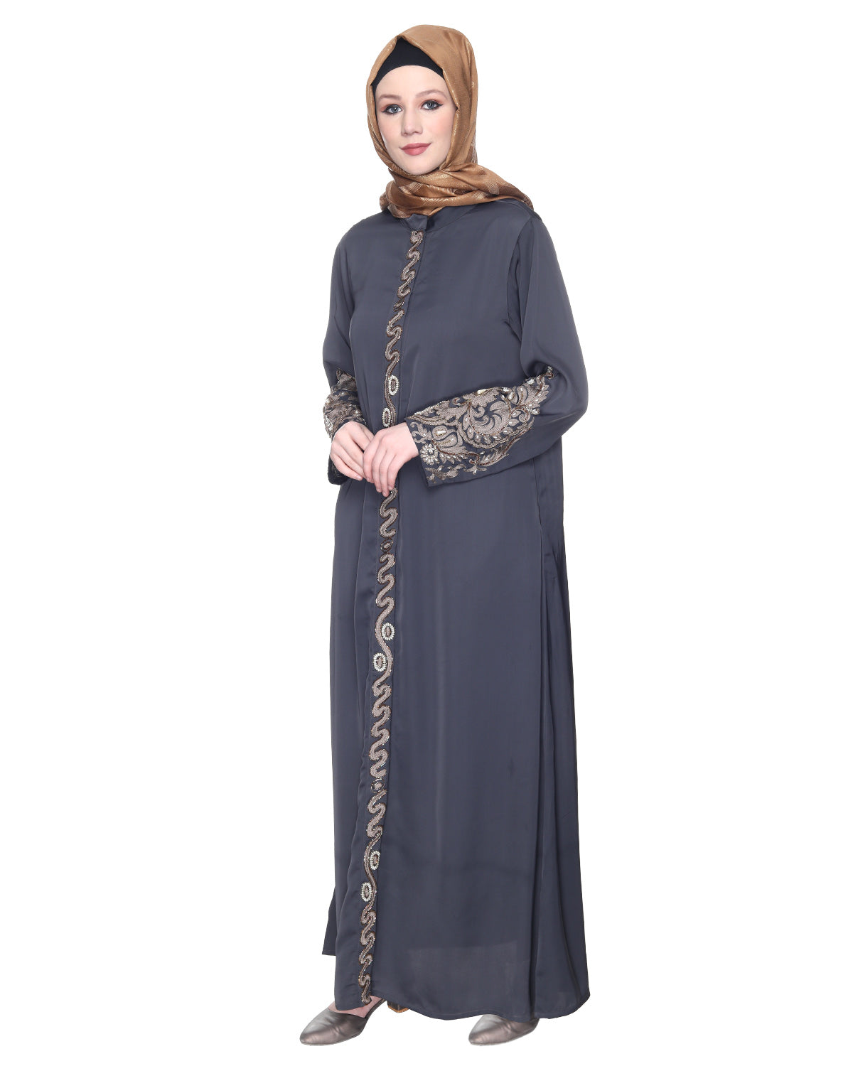 Opulent Hand Embroidered Luxury Abaya Dark Grey
