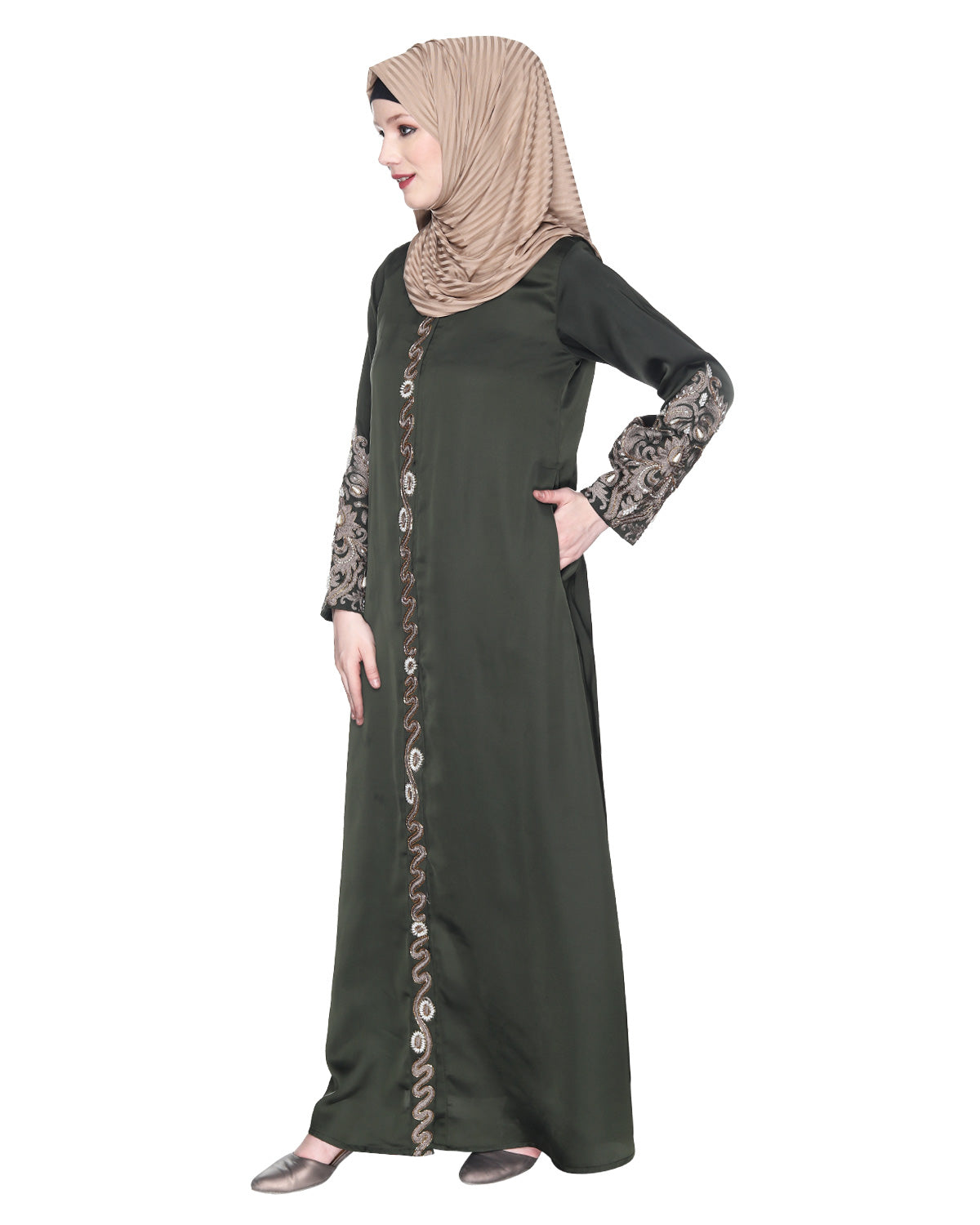Opulent Hand Embroidered Luxury Abaya Olive