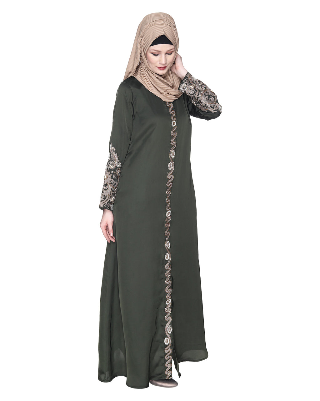 Opulent Hand Embroidered Luxury Abaya Olive