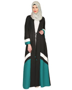 Black Green & White Open Abaya Black