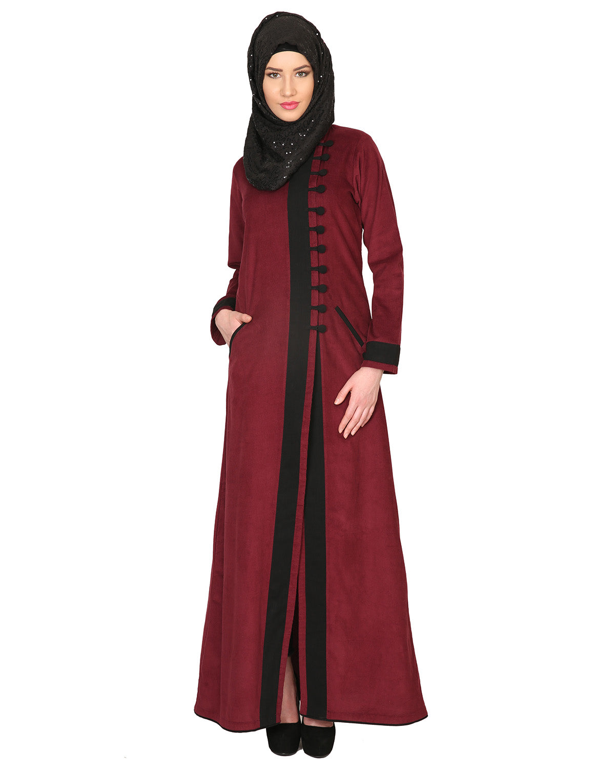 Maroon Regal Abaya With Gold Embroidery Maroon