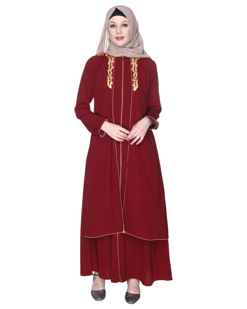 Maroon Regal Abaya With Gold Embroidery Maroon & Gold