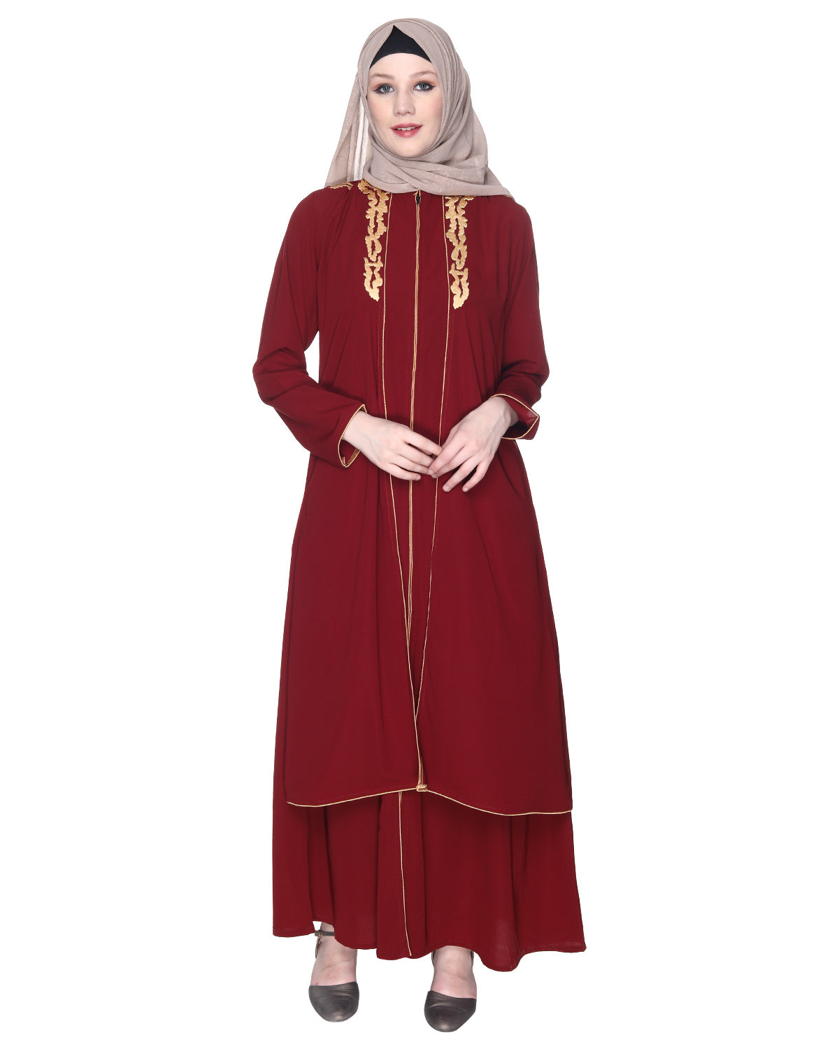 Maroon Regal Abaya With Gold Embroidery Maroon & Gold