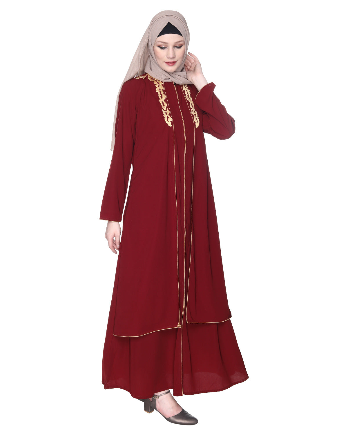 Maroon Regal Abaya With Gold Embroidery Maroon & Gold