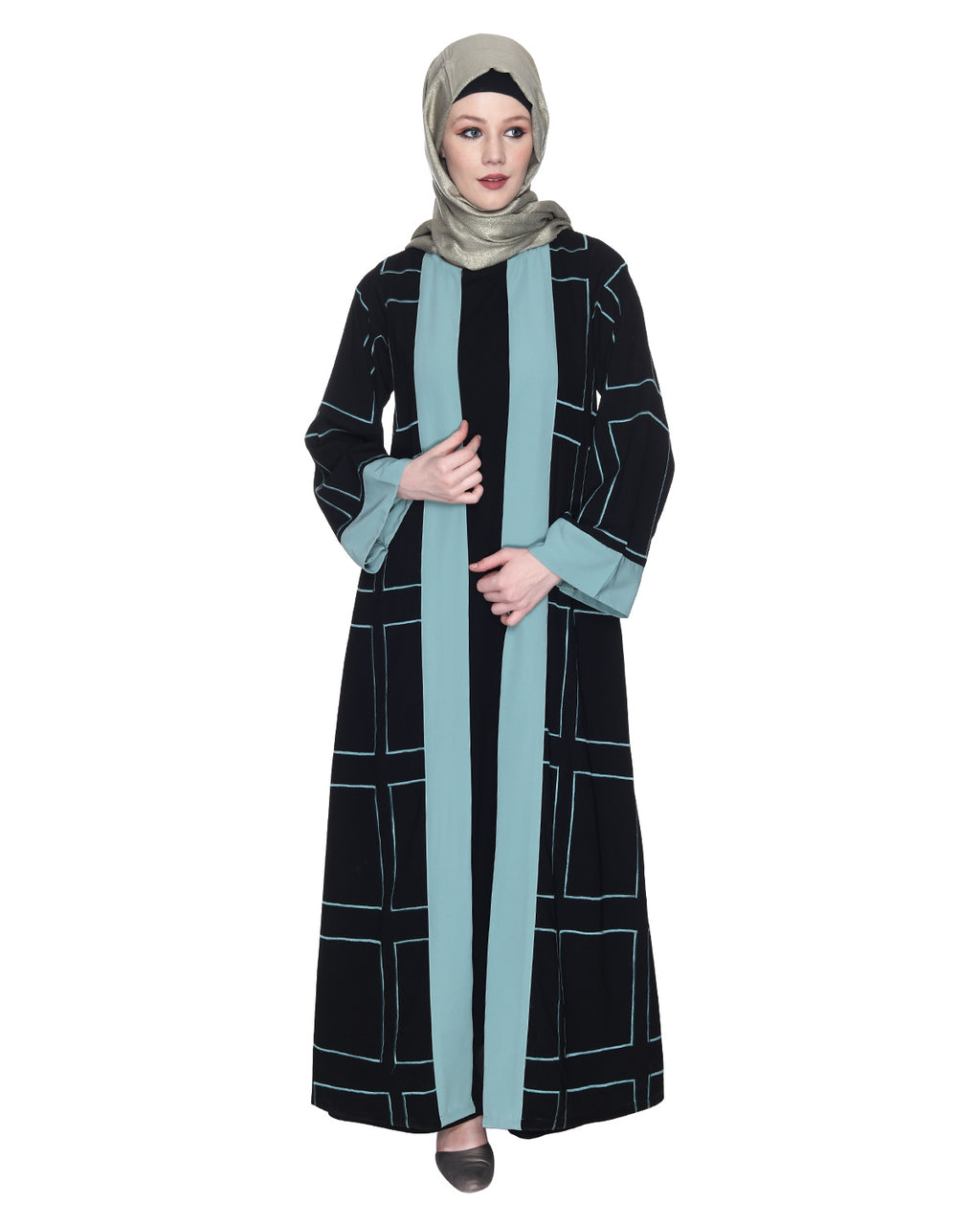 Designer Shrug Style Closed Abaya Black & Sea Green