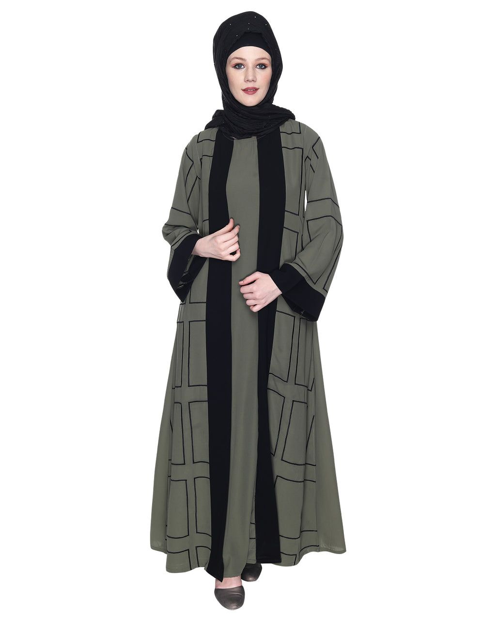 Designer Shrug Style Closed Abaya Dead Mint & Black