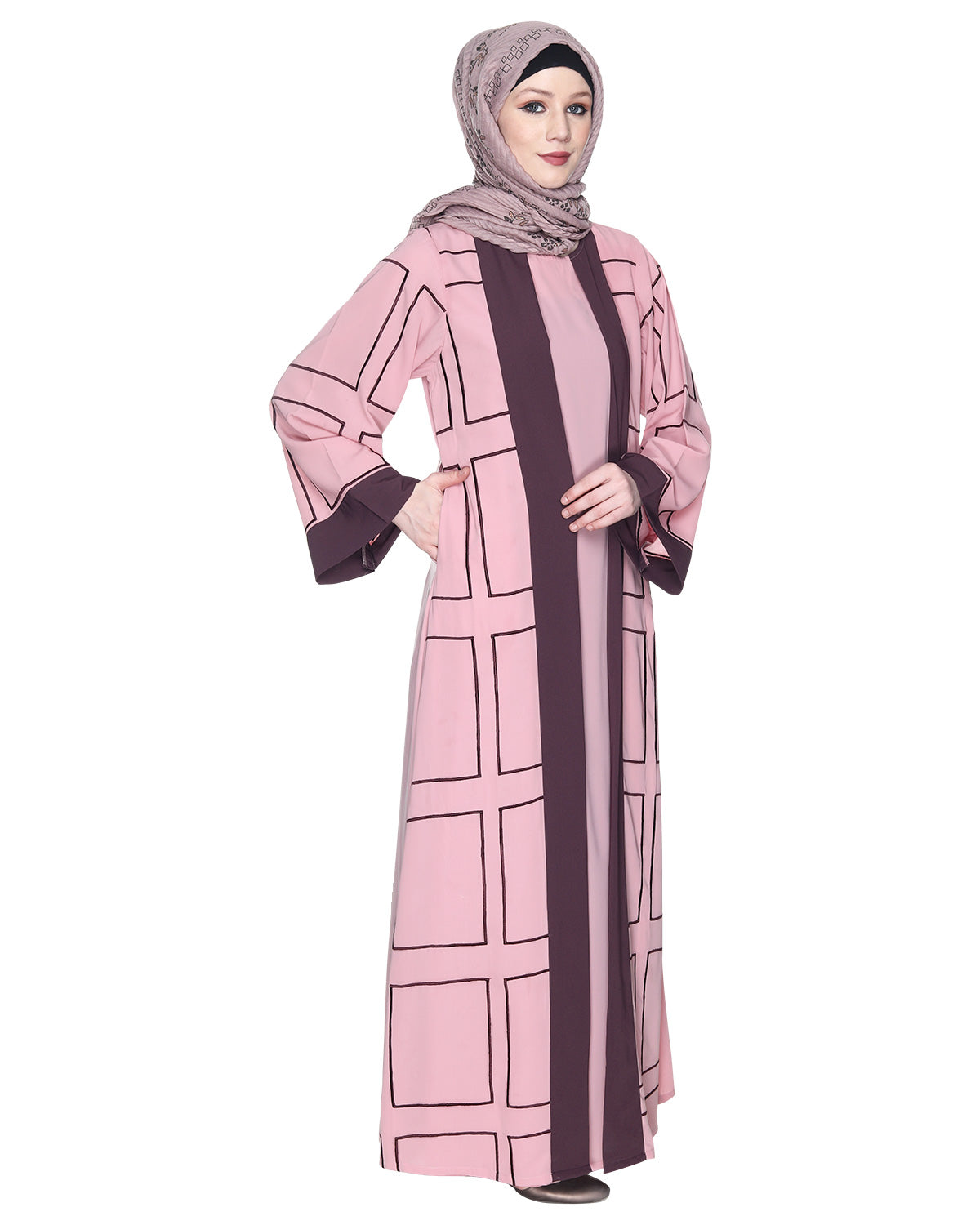 Designer Shrug Style Closed Abaya Pink & Brown