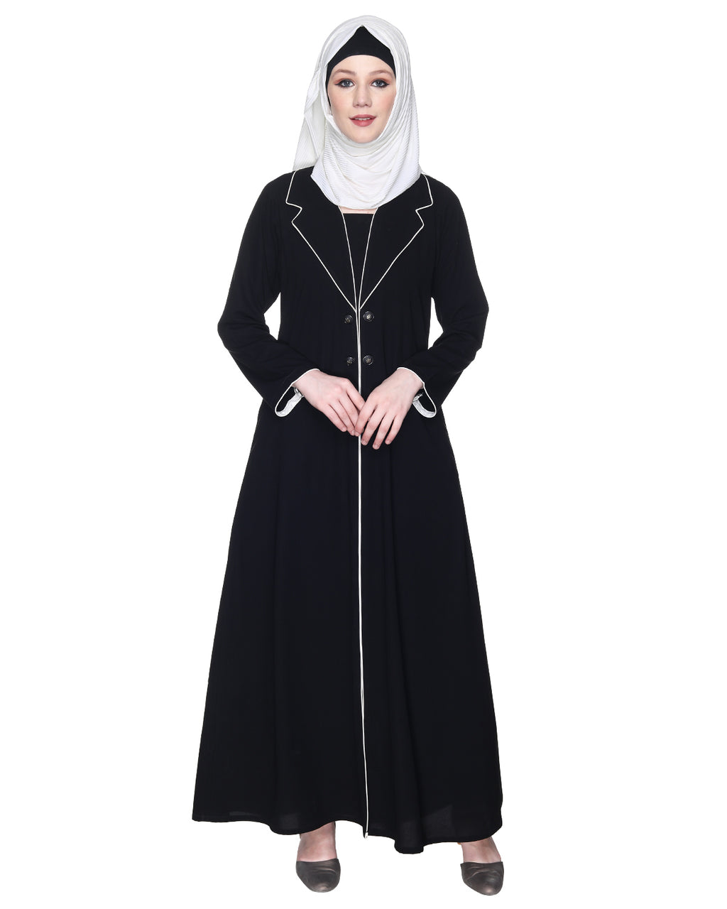 Stylish Coat Style Abaya With White Piping Purple
