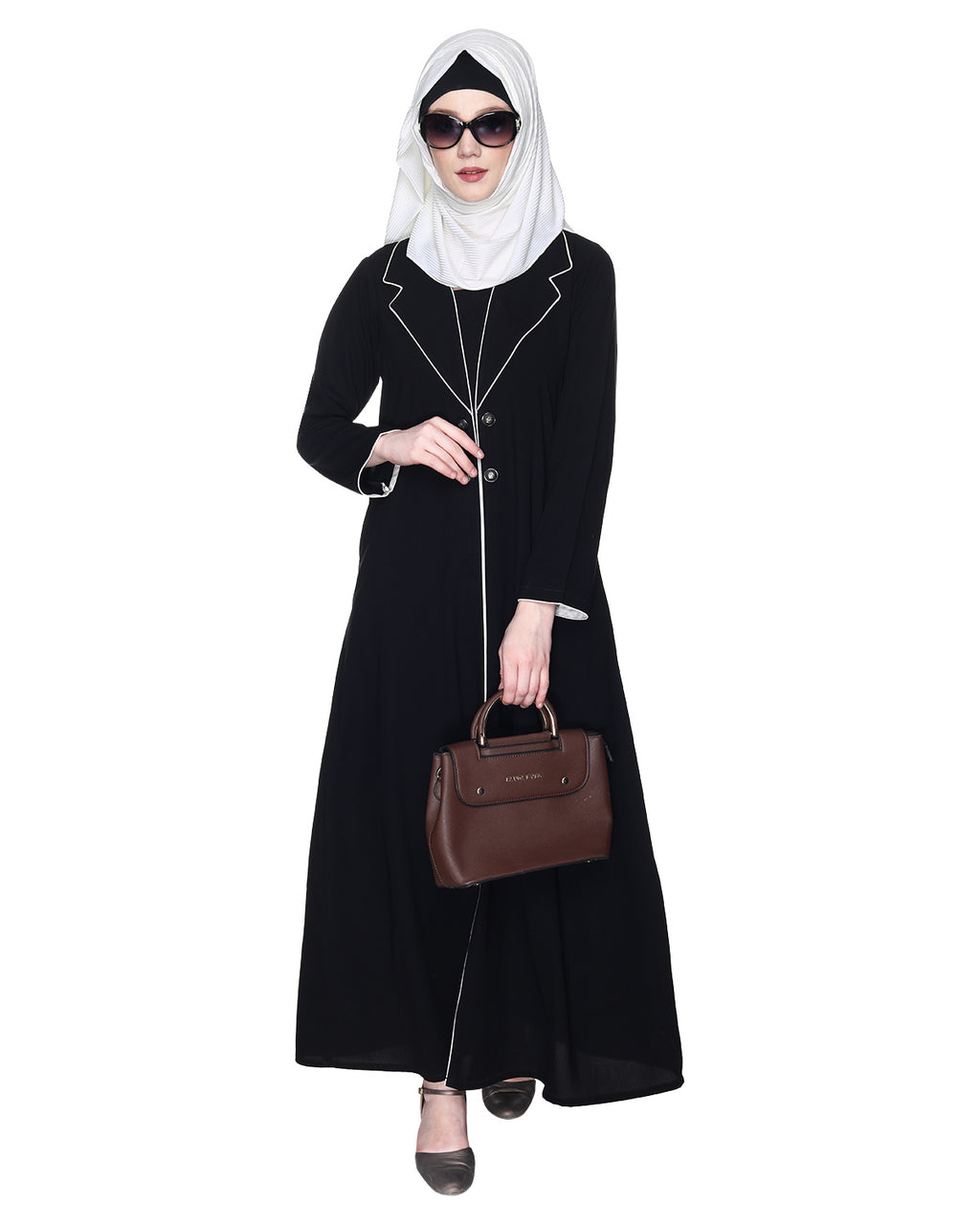 Stylish Coat Style Abaya With White Piping Purple