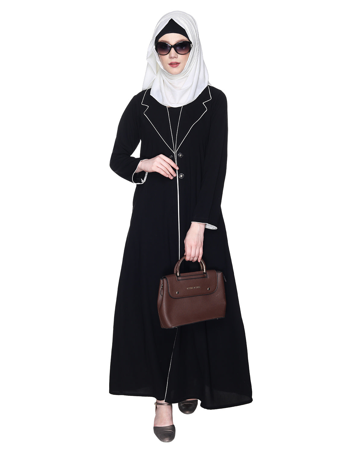 Stylish Coat Style Abaya With White Piping Purple