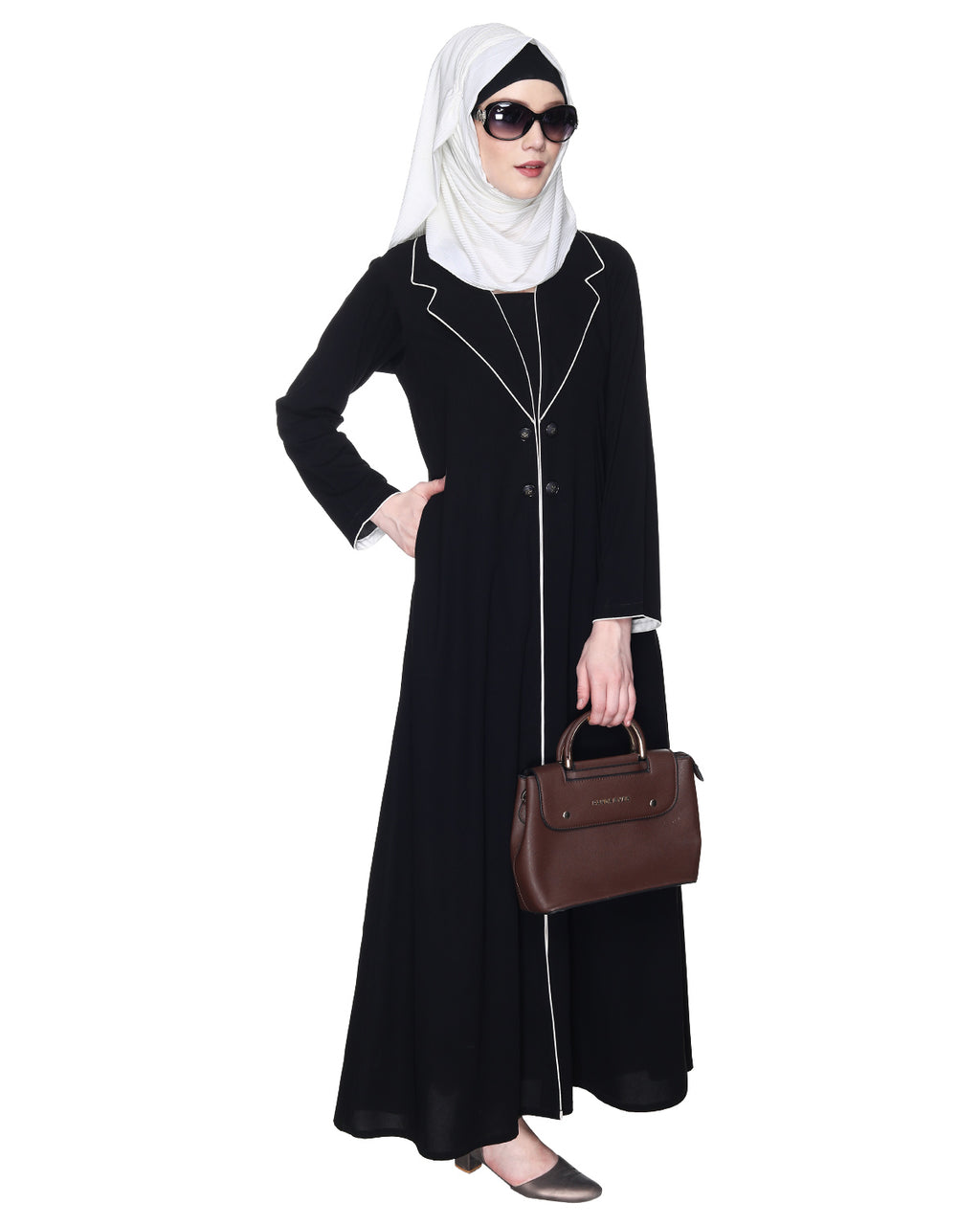Stylish Coat Style Abaya With White Piping Purple