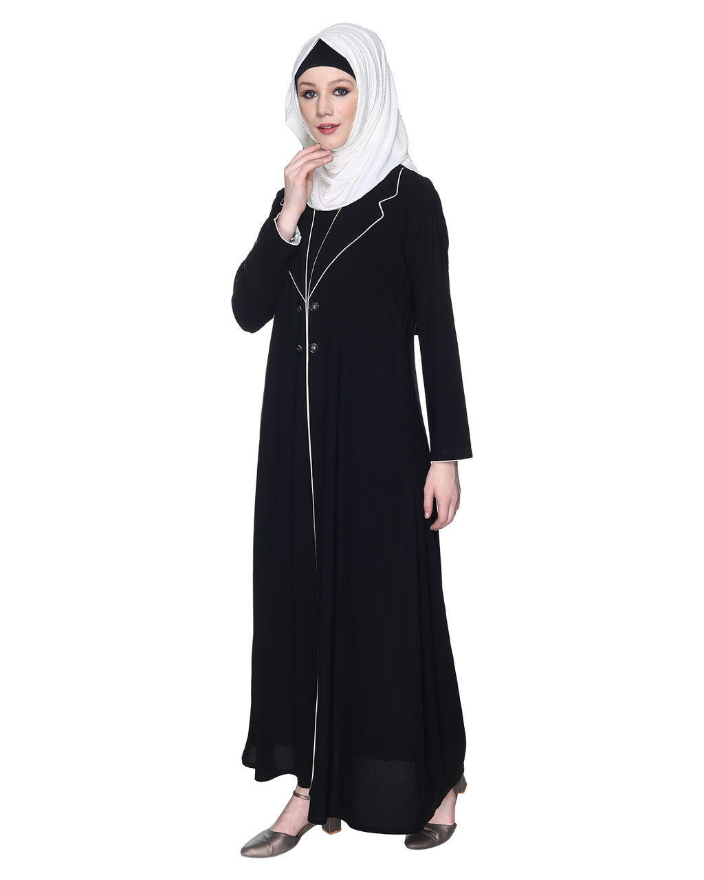 Stylish Coat Style Abaya With White Piping Black
