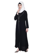Stylish Coat Style Abaya With White Piping Black